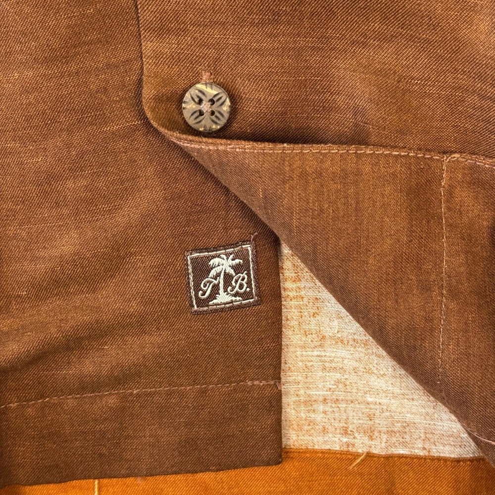 Tommy Bahama Men's Brown Embroidered Banana Leaf Shirt Linen Silk Sz Medium - Picture 7 of 8